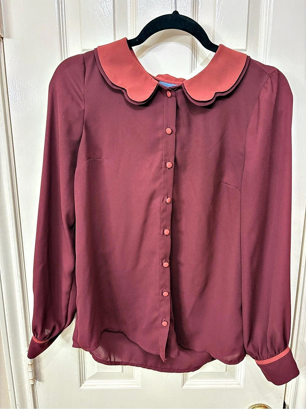 Modcloth Scalloped Collar Blouse in Burgundy & Pink